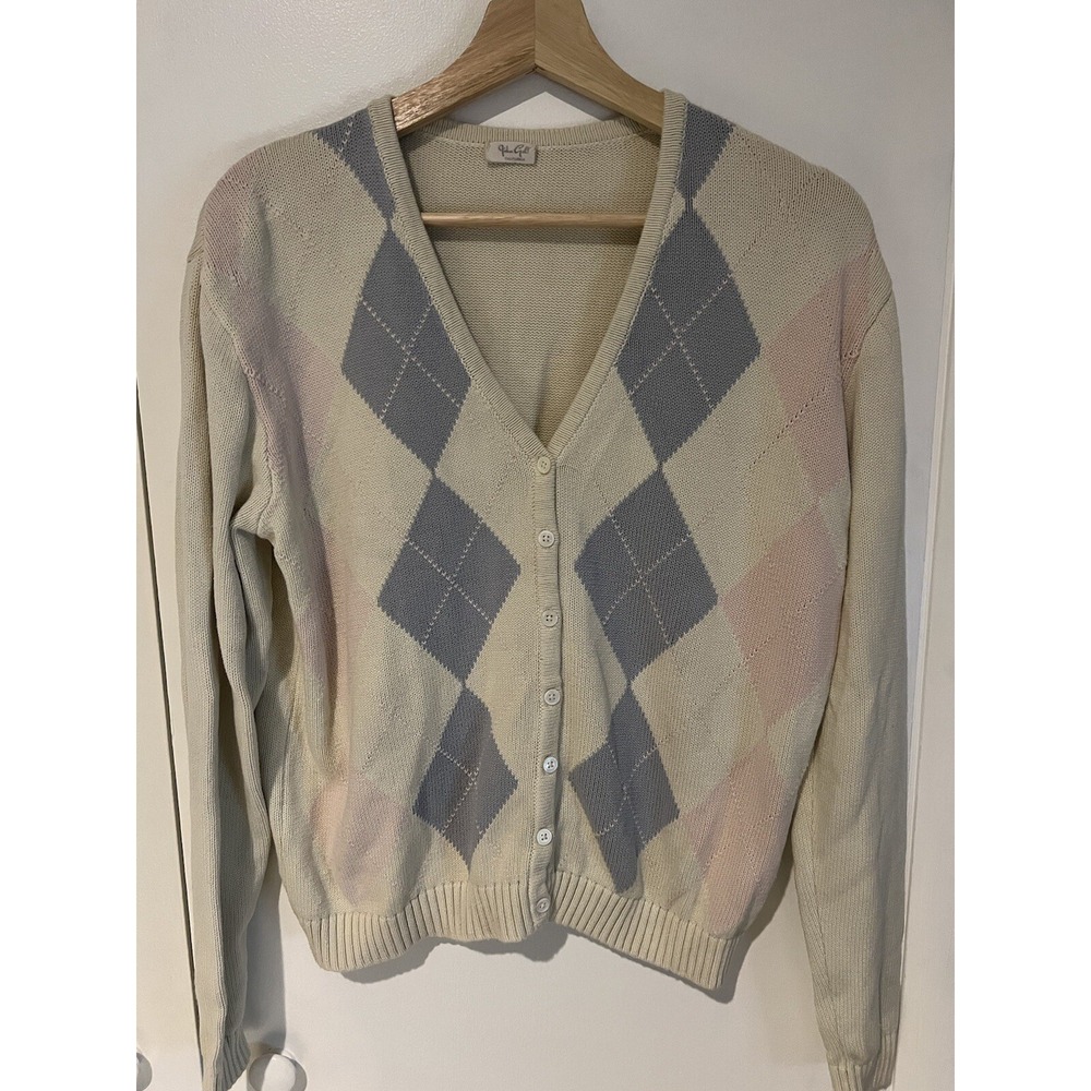 JOHN GALT Cardigan OS Argyle Sweater Button Front Long Sleeve Cotton‎ Off White